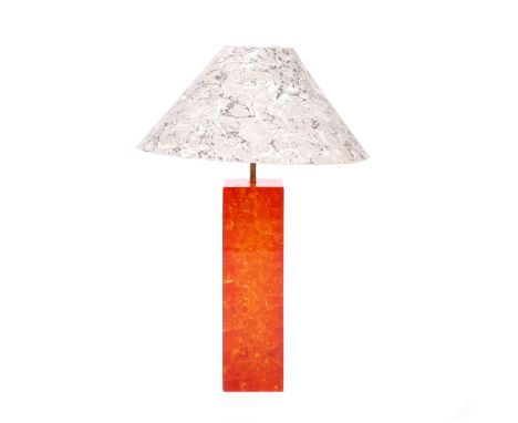 A RETRO ORANGE PERSPEX TABLE LAMP  with crystalline decoration and marbled grey paper shade, 46cm high