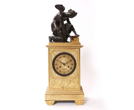 A 19TH CENTURY FRENCH MANTEL CLOCK with engine turned Roman dial, the twin train drum movement with outside count wheel bell 