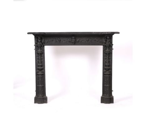 A 19TH CENTURY STYLE BLACK PAINTED CAST ALUMINIUM FIRE SURROUND decorated with applied pilaster columns and cupids playing cy