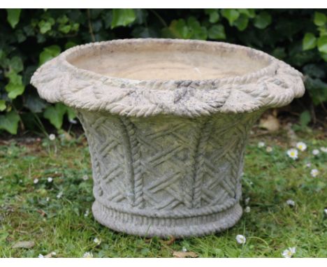 A VICTORIAN BUFF TERRACOTTA PLANTER with rope work decoration, 27cm high x 41cm across