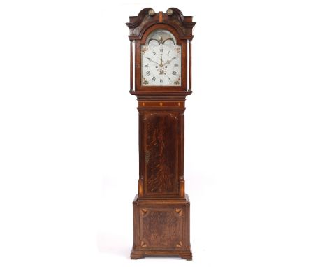 AN OAK EIGHT DAY LONGCASE CLOCK the 14" break arch painted Roman dial with Arabic five minutes, subsidiary seconds dial and p