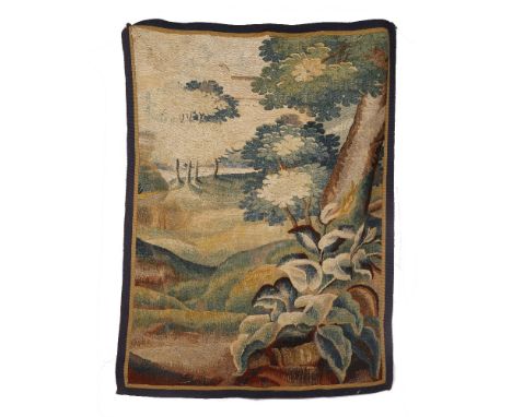 AN ANTIQUE VERDURE TYPE TAPESTRY PANEL 89cm wide x 118cm high