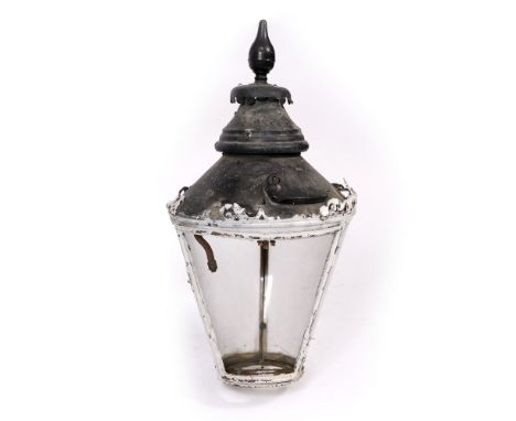 AN OLD PAINTED CIRCULAR STREET LANTERN 47cm diameter x 88cm high (one pane of glass lacking)