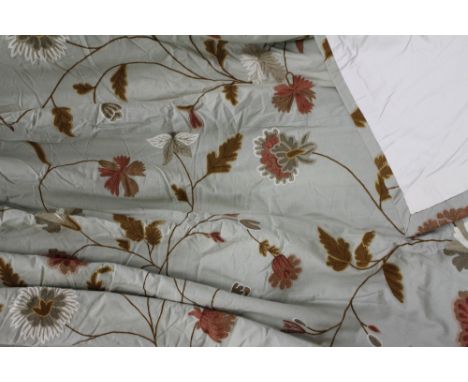 THREE PAIRS OF BENNISON CURTAINS of crewel work embroidery on a light green ground, 220cm drop x 186cm wide approximately 