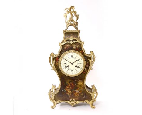 A 19TH CENTURY FRENCH MANTLE CLOCK the green lacquered case of shaped form with gilt metal mounts and painted with floral spr