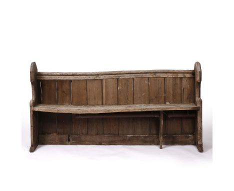 AN ANTIQUE WEATHERED PINE PEW  with heater under seat, 180cm x 91cm x 45cm