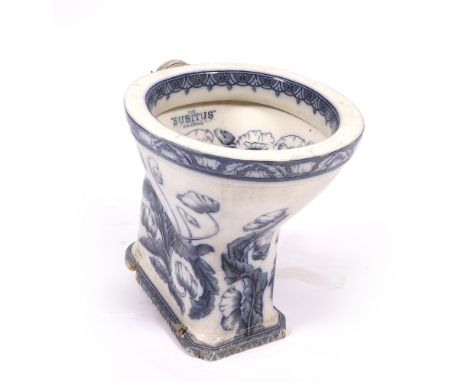 A VICTORIAN BLUE AND WHITE CERAMIC FLOWER DECORATED LAVATORY BOWL 'The Subitus', 43cm high together with a pair of cast iron 