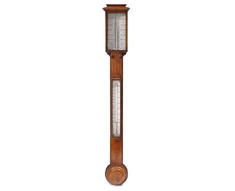 A VICTORIAN OAK STICK BAROMETER the ivory angled scales signed J. B. Dancer Optician, Manchester, No.324, the trunk with merc