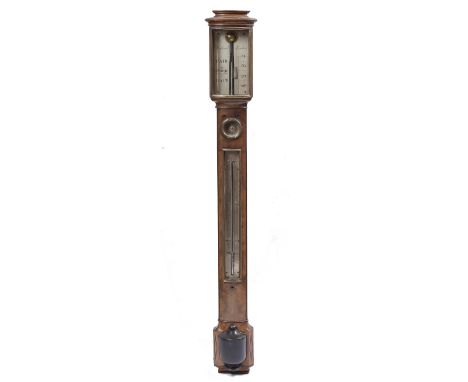 A 19TH CENTURY MAHOGANY BOW FRONT STICK BAROMETER the silvered scale signed Dollond, London, with sliding vernier over twin s