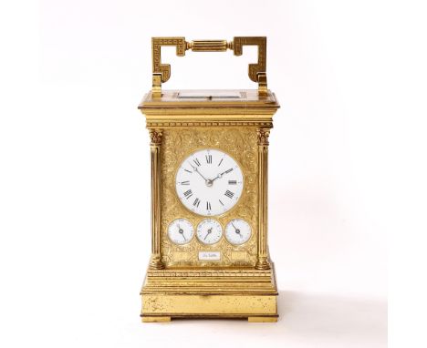 A L'EPPE CARRIAGE CLOCK the white enamel Roman dial over three subsidiary dials, day, alarm and date with plaque inscribed 'L