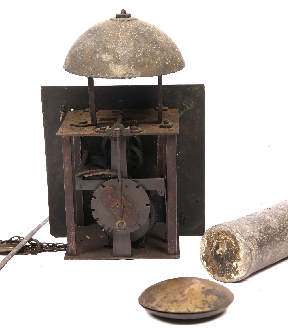 AN 18TH CENTURY 30 HOUR QUAKER CLOCK MOVEMENT the 8" square brass dial