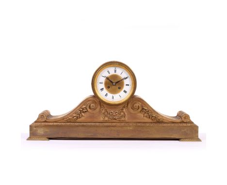 A LATE 19TH / EARLY 20TH CENTURY GILT METAL MANTLE CLOCK  with French movement and an enamel dial with Roman numerals, the di