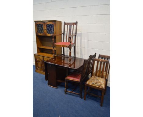 A MID 20TH CENTURY OAK GATE LEG TABLE, five various chairs including one carver, together with an oak wall unit/bookcase (7)