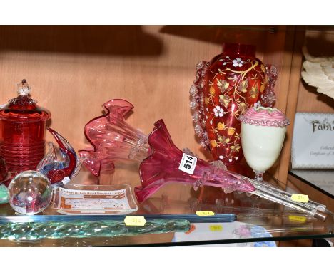 A GROUP OF VICTORIAN AND LATER COLOURED GLASSWARE, including epergne trumpets, modern glass paperweights, two glass walking c