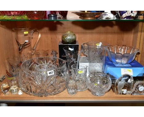 A GROUP OF VICTORIAN AND LATER GLASSWARE including modern boxed pieces, including a Galway quartz clock, a boxed Dartington C