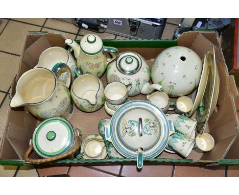 A BOX OF GRAYS POTTERY AND ROYAL DOULTON, the Grays pottery handpainted with dandelion clocks/seed heads and leaves, includes