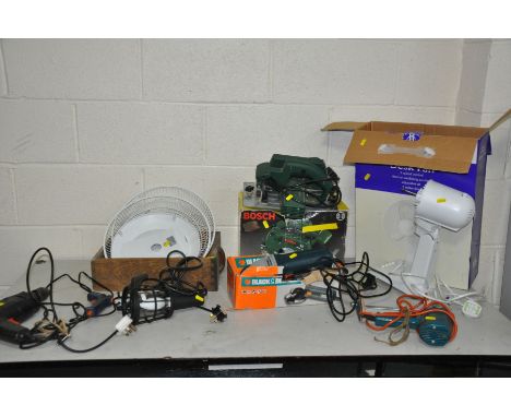 A SELECTION OF POWER TOOLS AND ELECTRICALS including a Bosch circular saw, a Black and Decker 4'' grinder, a Black and Decker