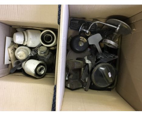 Two boxes of various items including tools, mechanisms, signs, etc.