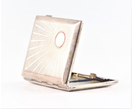 A silver cigarette case, of rectangular form with engraved sun burst design, featuring orange enamel, hallmarked Birmingham 1