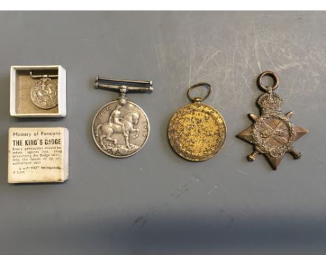 Four medals, one Ministry of Pensions Kings Badge in box, World War One medal, the Great War for Civilisation medal and 1914-