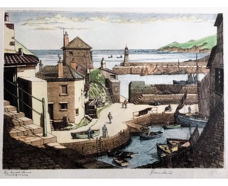 Framed, glazed etching titled 'The Watch House Mevagissey' of a harbour scene.