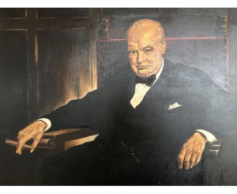 J. P. BROWN. A framed oil on canvas, titled ‘Sir Winston Churchill after the artist’, Portrait of Churchill seated with cigar