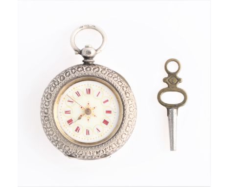 A Continental fob watch, the white enamel dial having hourly red Roman numeral markers with minute track border, stamped 0.93