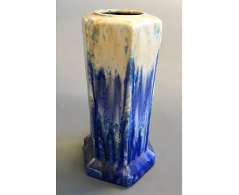 A Ruskin blue and yellow hexagonal vase signed W Howson Taylor to base, height 22cm.