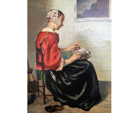 J. P. BROWN. Two framed oil on canvas, one titled ‘The Lacemaker after Netscher’, portrait of seated female 75cm x 62.5cm, on