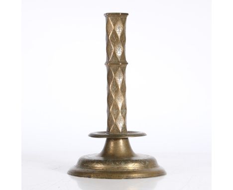The hexagonal faceted stem engraved with fleur-de-lys, flowers and foliate tendrils, the circular dished drip-pan and domed c