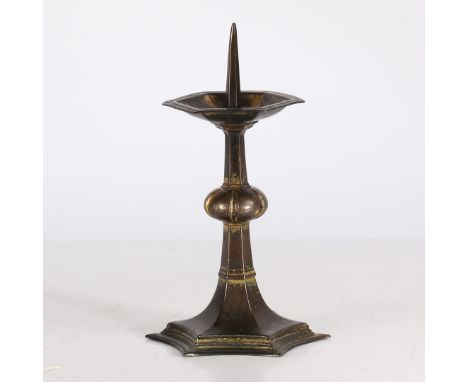 Topped by a 7.5cm pricket in a hexagonal dished drip-pan with line decorated rim, on a tapering hexagonal-section stem with '