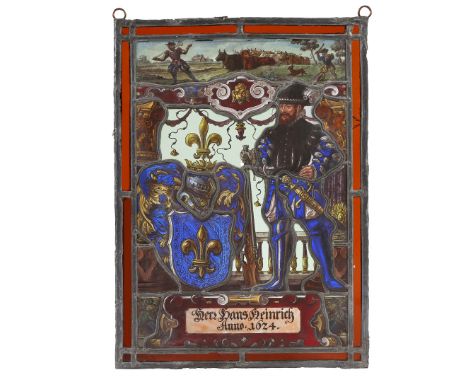 depicting a herd of cattle and two herdsmen above a gentleman holding a musket flanked by a fleur de lys crest surmounted by 