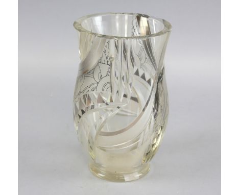 Art Deco Bohemian glass vase with cut glass and enamel decoration in geometric designs, 23cm. Provenance: part of The Stephen