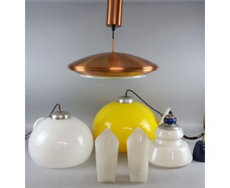 Yellow acrylic round pendant light, circa 1960s/70s, 41cm diameter, another similar in white, 34cm diam, a pair of art deco w