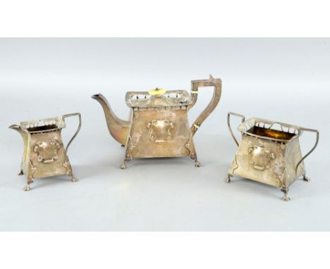 Early 20th century Arts & Crafts three-piece tea service, by Jones & Crompton, Birmingham 1905, with tapering rectangular bod