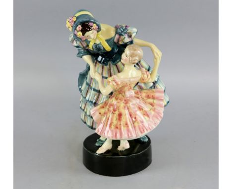 Austrian Art Deco figure group by Goldscheider, young woman and girl with polychrome decoration, impressed with artists name 