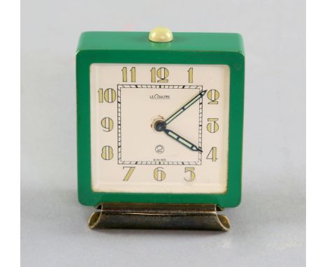 Art Deco Jaeger LeCoultre travelling alarm clock, in lime green square case, 5.5 cm wide .    