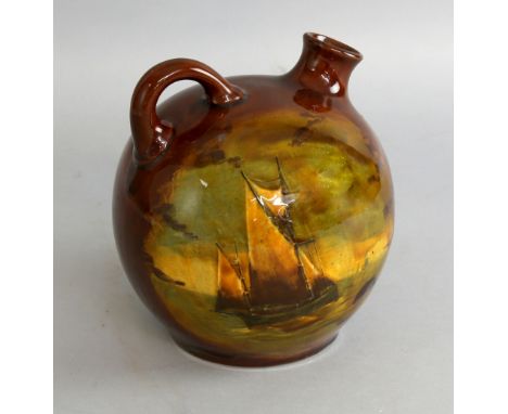 Royal Doulton Kingsware fisherman ball flask, relief moulded with a figure to one side and boats at sea to the reverse, after