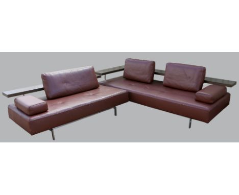 Modern brown leather and metal framed sofa, Rolf Benz, L-shaped with removable cushions, measuring 260 x 195 cm  .    