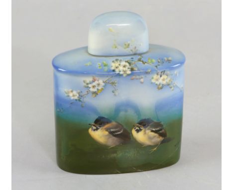 Doulton Titanian Ware flask 'young Coal tits' by F Henry, painted to one side with two fledgling birds below a bough of prunu