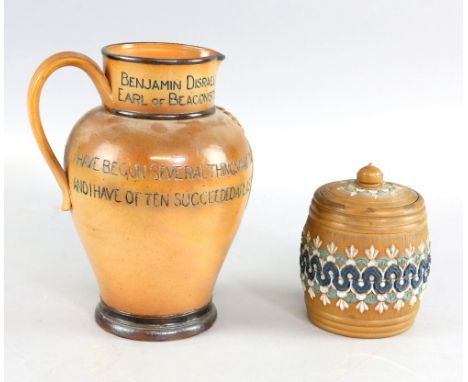A John Mortlock London Doulton Lambeth stoneware jug, commemorating the death of Disraeli, with portrait and text, 32 cm high