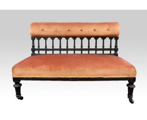 Aesthetic movement, an ebonised upholstered bench, 109 x 73 x 59 cm .    