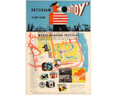 Original vintage travel advertising poster published to promote the 1950 Rotterdam's Wereldhaven-Festival (World Port Days or