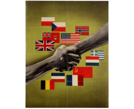 Original vintage World War Two propaganda poster showing the flags of the Allied Countries and a handsake, set against a gree