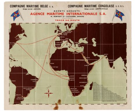 Original vintage travel advertising poster for the Belgian Maritime Company (Compagnie Maritime Belge) and the Congolese Mari