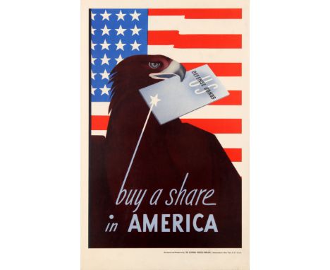 Original vintage US World War Two propaganda poster - Buy a share in America - featuring a striking design of a bald headed e