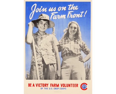 Original vintage American World War Two food propaganda poster urging young people to help with the work shortage on farms th