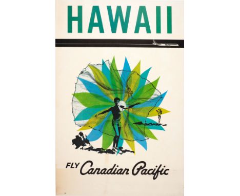Original vintage travel advertising poster - Hawaii Fly Canadian - featuring a fisherman on rocks casting his net with a lady