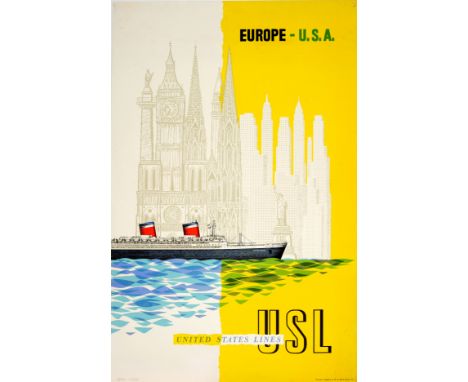 Original vintage travel advertising poster for Europe – U.S.A. – United States Lines USL featuring a colourful design of a Un