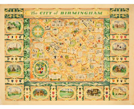 Original vintage illustrated map poster depicting the City of Birmingham located in the West Midlands area of England, featur